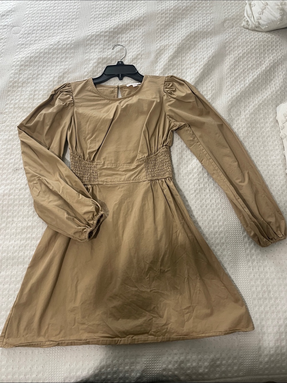 Gianni Bini Long Sleeve Smocked Waist Dress in Tan